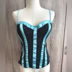 Sexy Black Bustier Corset Top with blue ribbon accents. Size 36C.